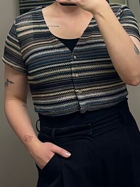 SHEIN Striped Knit Button-Up Top in Blue, Cream & Brown